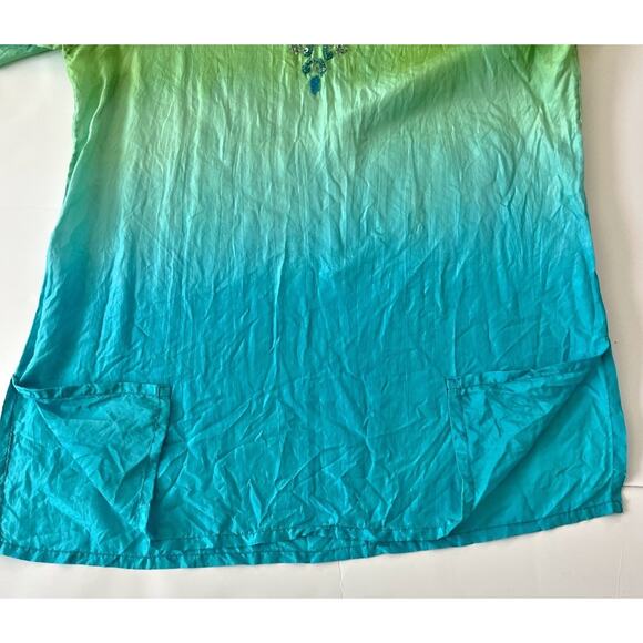 Glam Souls Tunic Top Women S/M Blue Green Silk Boho Beads Beach Resortwear Slit - Picture 7 of 10